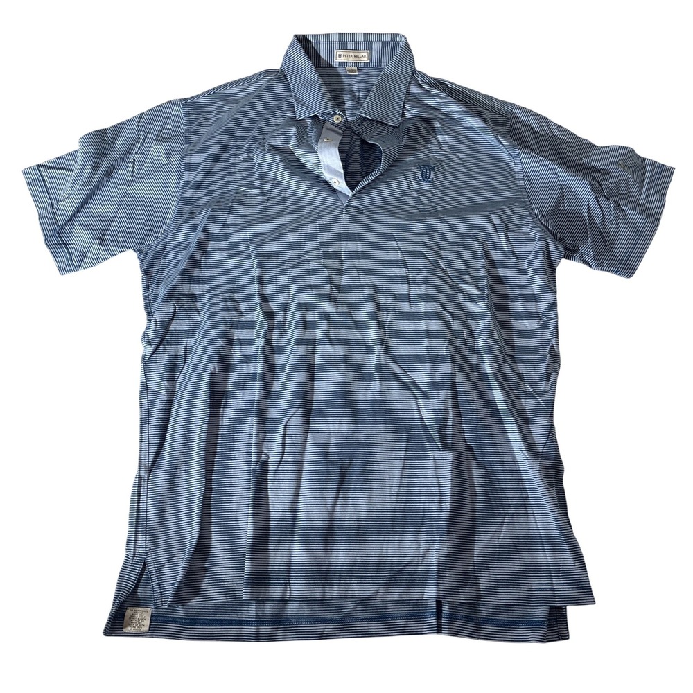 Peter Millar Mens Large Blue White Striped Cotton Short Sleeve Polo Shirt L